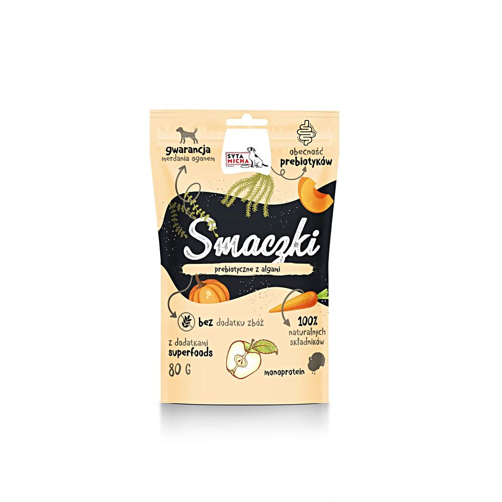 Prebiotyczne smaczki dla psa z algami Prebiotyczne smaczki dla psa z algami w formie małych, miękkich kostek